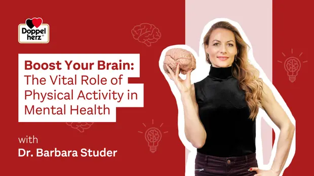 A woman holding a model of a brain stands against a red background. The text reads, "Boost Your Brain: The Vital Role of Physical Activity in Mental Health with Dr. Barbara Studer." Light bulb icons represent ideas related to mental health.