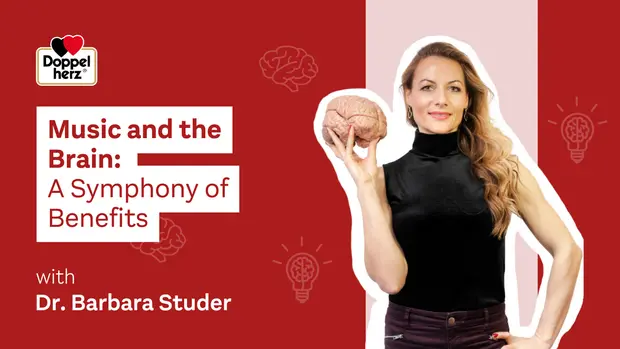 A woman with long hair holds a brain model, standing against a red background. Text beside her reads, "Music and the Brain: A Symphony of Benefits" and "with Dr. Barbara Studer," suggesting a discussion on the positive effects of music on brain health.