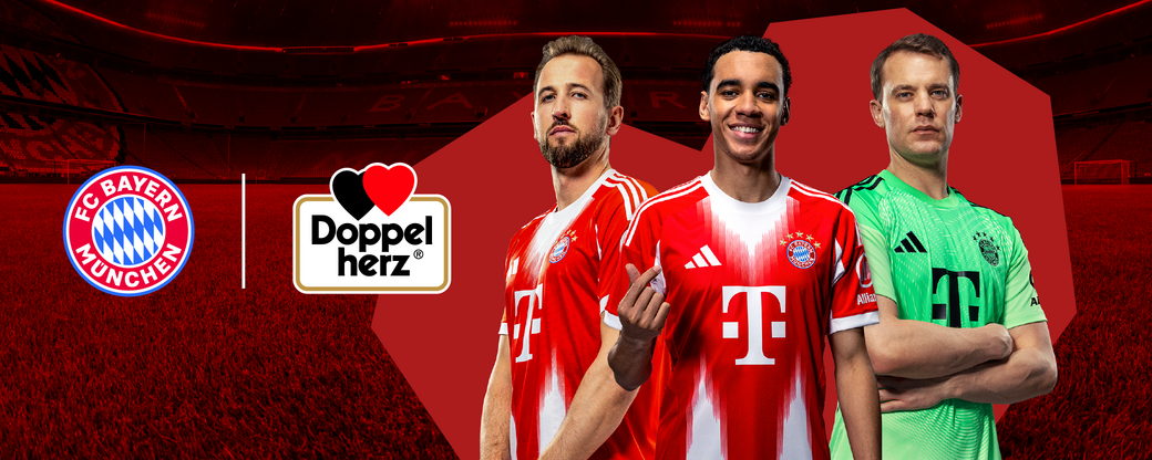 Three football players representing FC Bayern Munich stand together. Each wears the team's distinctive red jerseys. The logo of the club and a sponsor, Doppelherz, are displayed prominently alongside them. A stadium backdrop adds to the sports atmosphere.