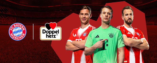 Image features three football players from FC Bayern Munich standing confidently with their arms crossed. They wear the team's red and white striped jerseys. The background has a football stadium vibe, with a logo for "Doppelherz" displayed prominently alongside the team's logo.