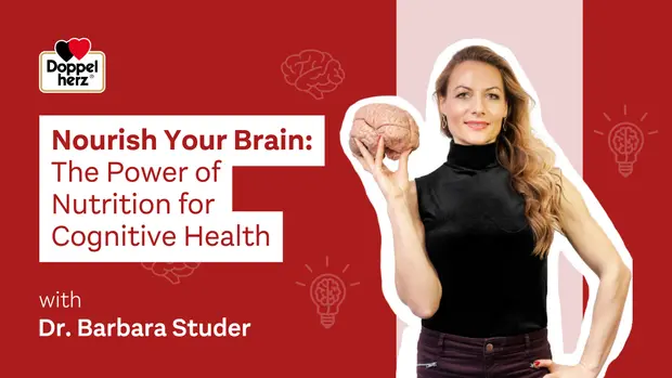 A woman holds a model of a brain, promoting the message "Nourish Your Brain: The Power of Nutrition for Cognitive Health," attributed to Dr. Barbara Studer. The background includes lightbulb icons symbolizing ideas and brain graphics, emphasizing cognitive health and nutrition.