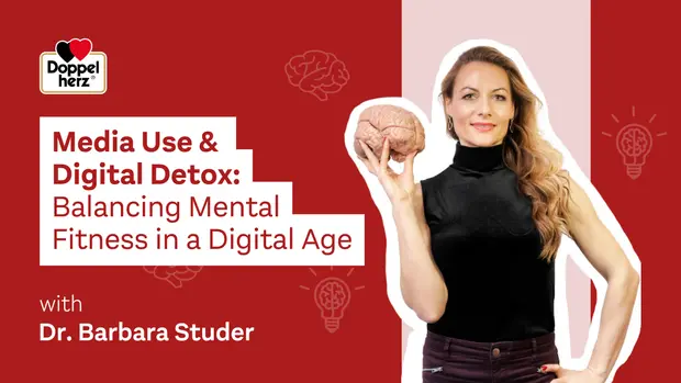 A woman holds a model of a brain while promoting a talk on "Media Use & Digital Detox," focusing on balancing mental fitness in the digital age. The background features lightbulb icons and a bold red design. The event is presented by Dr. Barbara Studer.