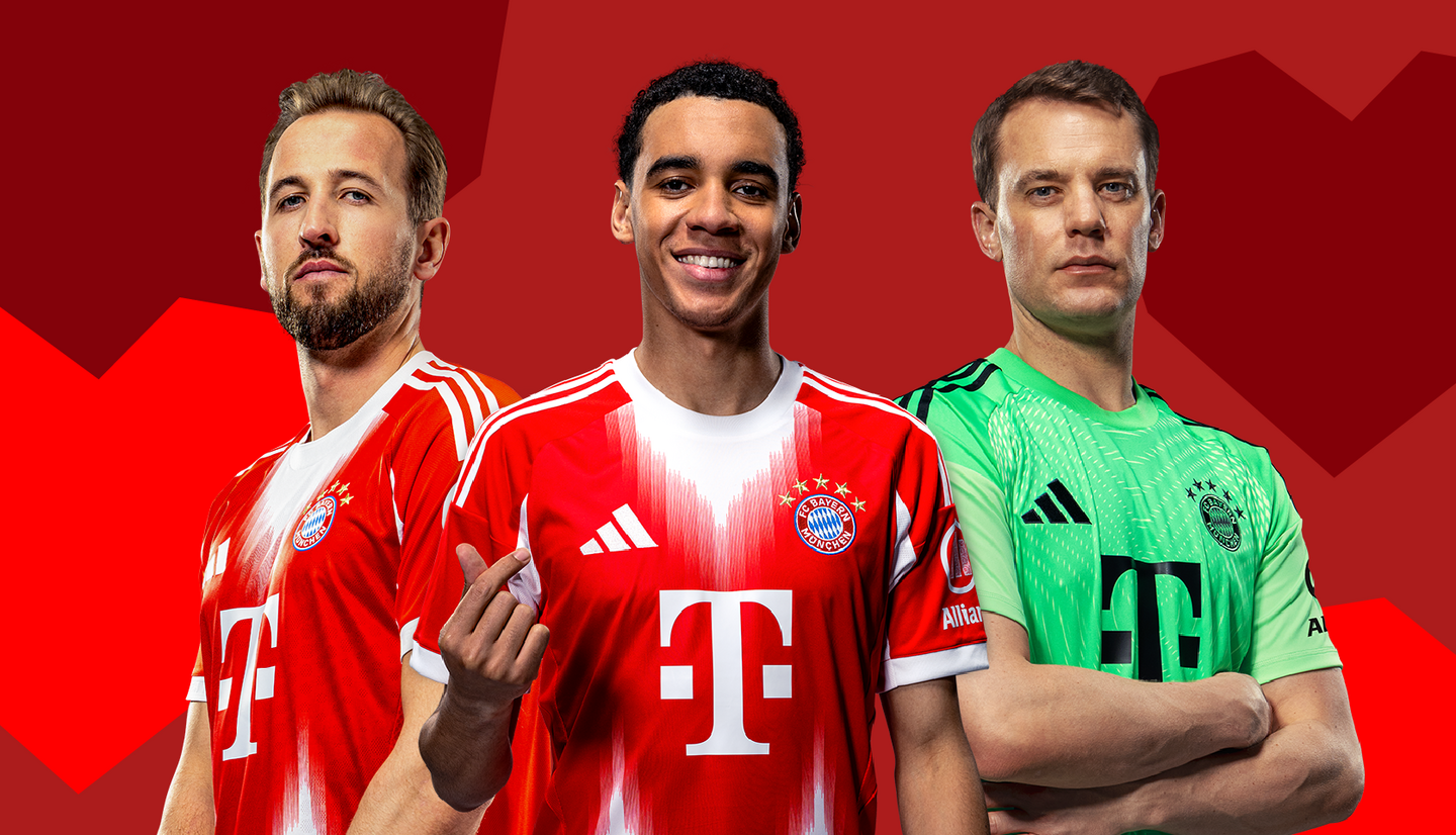 Three football players from Bayern Munich are featured, each wearing the team's signature red and white jerseys. The player in the center is smiling and giving a thumbs up, while the others pose confidently on either side, showcasing their team spirit against a red background.