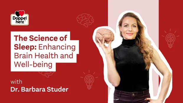 A woman holds a model of a brain while standing confidently. The title, "The Science of Sleep: Enhancing Brain Health and Well-being," is displayed alongside her name, Dr. Barbara Studer. The background features light bulb icons, symbolizing ideas and insights related to sleep and brain health.