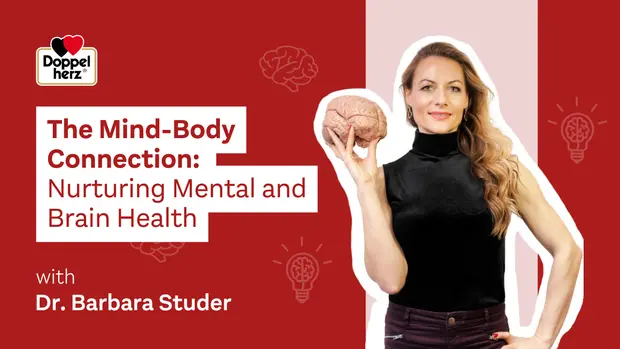 An illustration featuring Dr. Barbara Studer holding a brain model, emphasizing the theme "The Mind-Body Connection: Nurturing Mental and Brain Health." The background includes stylized brain visuals, suggesting the importance of mental wellness. The image is associated with Doppelherz, a health-focused brand.